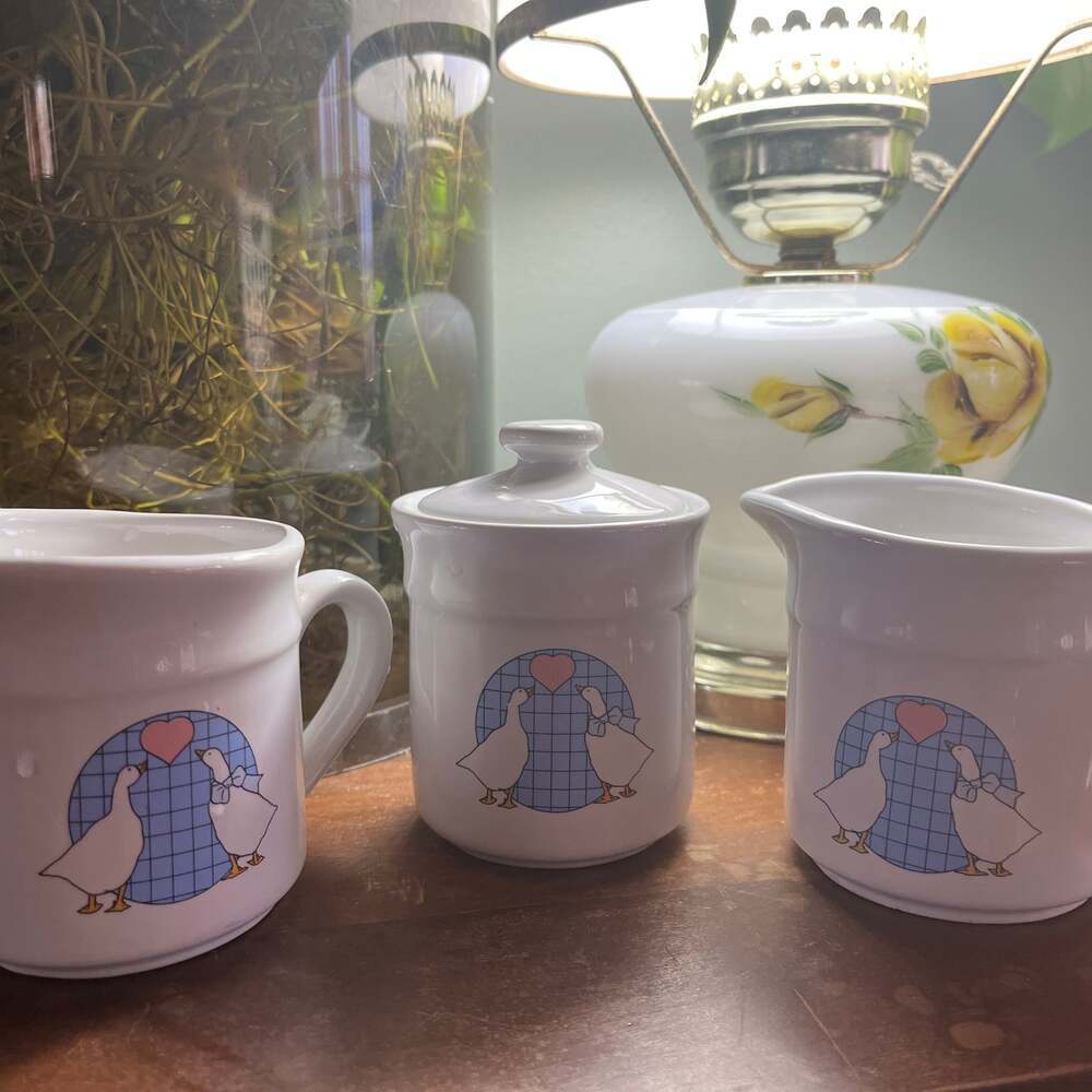 Country Ducks Sugar Bowl Creamer Set Vintage 1980s Classic Blue Pink